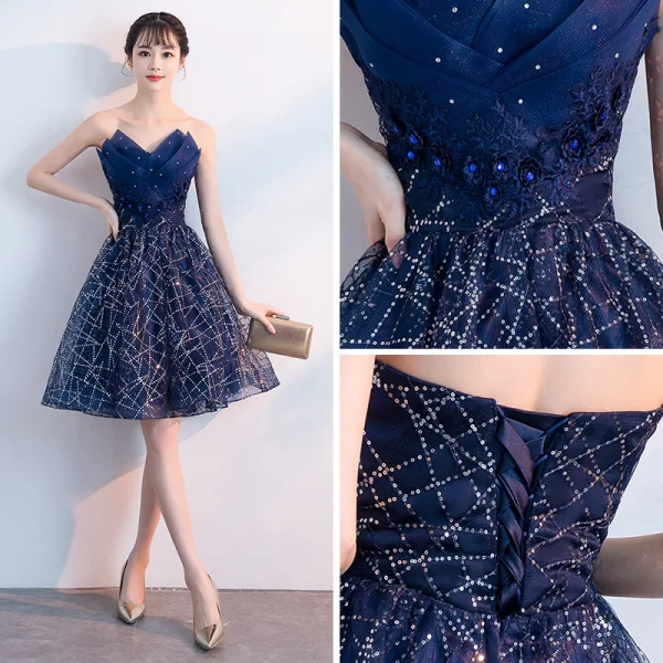 Bling Bling Navy Blue Cocktail Dresses 2018 A-Line / Princess Sweetheart  Sleeveless Rhinestone Glitter Sequins Short Ruffle Backless Formal Dresses