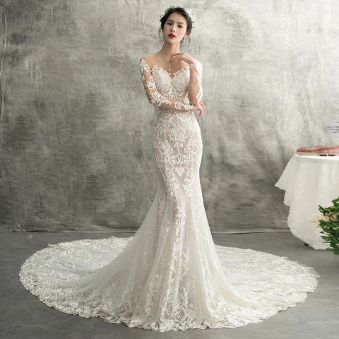 Charming Ivory See-through Wedding Dresses 2018 Trumpet / Mermaid Scoop Neck Long Sleeve Appliques Pierced Lace Chapel Train