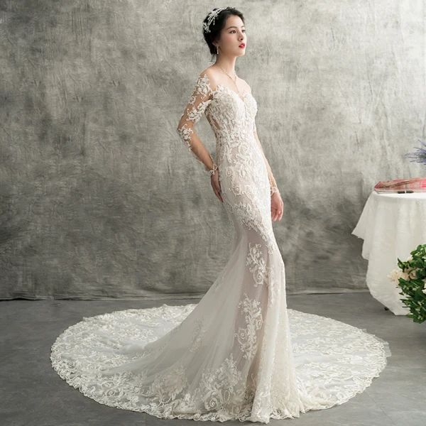 Charmant Ivory / Creme Durchsichtige Brautkleider / Hochzeitskleider 2018 Meerjungfrau Rundhalsausschnitt Lange Ärmel Applikationen Durchbohrt Spitze Kapelle-Schleppe