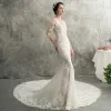 Charming Ivory See-through Wedding Dresses 2018 Trumpet / Mermaid Scoop Neck Long Sleeve Appliques Pierced Lace Chapel Train