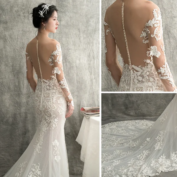 Charmant Ivory / Creme Durchsichtige Brautkleider / Hochzeitskleider 2018 Meerjungfrau Rundhalsausschnitt Lange Ärmel Applikationen Durchbohrt Spitze Kapelle-Schleppe