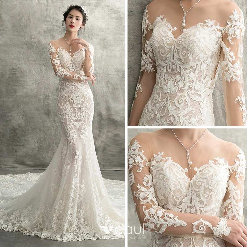 Mermaid Ivory Lace Sweep/Brush Train Scoop Long Sleeve Wedding Dress WD495