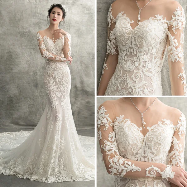 Charmant Ivory / Creme Durchsichtige Brautkleider / Hochzeitskleider 2018 Meerjungfrau Rundhalsausschnitt Lange Ärmel Applikationen Durchbohrt Spitze Kapelle-Schleppe