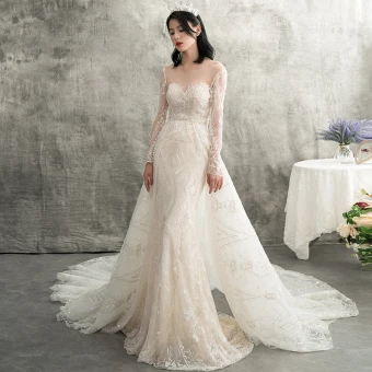 Luxury Gorgeous Champagne See Through Wedding Dresses 2018 Trumpet Mermaid Scoop Neck Long Sleeve Backless Beading Detachable Chapel Train