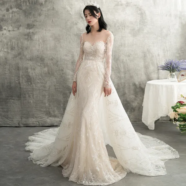 Trumpet Mermaid Scoop Champagne Tulle Beading Luxury Prom Dress Trumpet Mermaid Scoop Champagne Tulle Beading Luxury Prom Dress