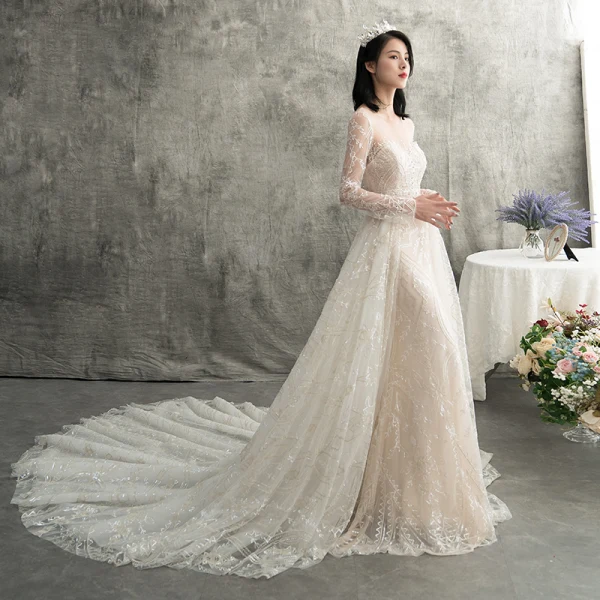 Luxury / Gorgeous Champagne See-through Wedding Dresses 2018 Trumpet / Mermaid Scoop Neck Long Sleeve Backless Beading Detachable Chapel Train