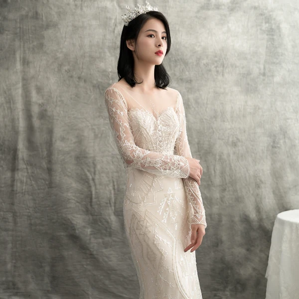 Luxury / Gorgeous Champagne See-through Wedding Dresses 2018 Trumpet / Mermaid Scoop Neck Long Sleeve Backless Beading Detachable Chapel Train