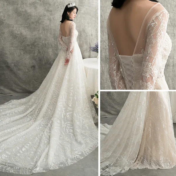 Luxury / Gorgeous Champagne See-through Wedding Dresses 2018 Trumpet / Mermaid Scoop Neck Long Sleeve Backless Beading Detachable Chapel Train