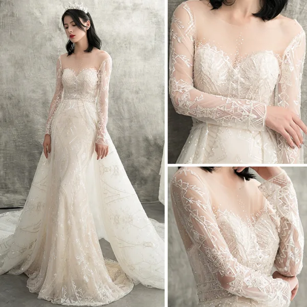 Luxury / Gorgeous Champagne See-through Wedding Dresses 2018 Trumpet / Mermaid Scoop Neck Long Sleeve Backless Beading Detachable Chapel Train