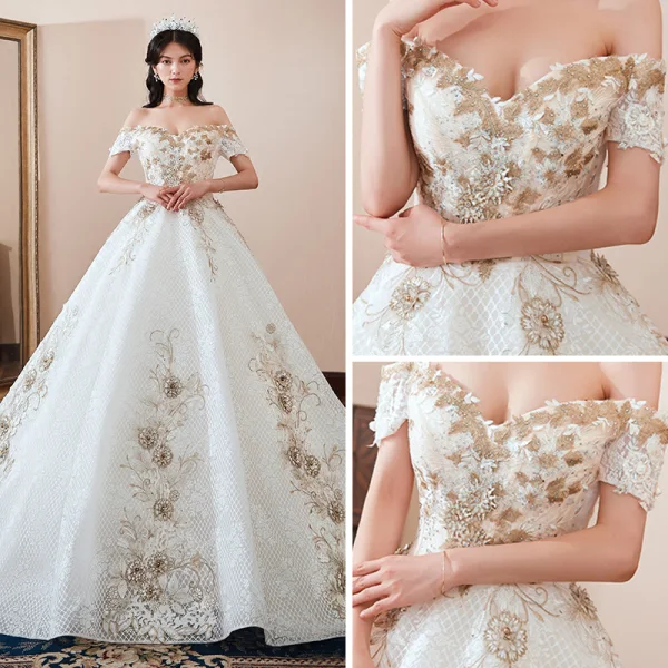 Schöne Weiß Brautkleider 2018 Ballkleid Off Shoulder Kurze Ärmel Rückenfreies Applikationen Mit Spitze Strass Kathedrale Schleppe Rüschen