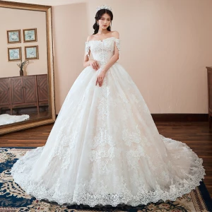 Chic Beautiful Champagne Wedding Dresses 2018 Ball Gown Off The Shoulder Short Sleeve Backless Appliques Lace Pearl Sequins Chapel Train Ruffle