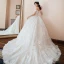Chic / Belle Champagne Robe De Mariée 2018 Robe Boule De l'épaule Manches Courtes Dos Nu Appliques En Dentelle Perle Paillettes Chapel Train Volants