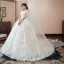 Chic / Belle Champagne Robe De Mariée 2018 Robe Boule De l'épaule Manches Courtes Dos Nu Appliques En Dentelle Perle Paillettes Chapel Train Volants