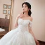 Chic / Belle Champagne Robe De Mariée 2018 Robe Boule De l'épaule Manches Courtes Dos Nu Appliques En Dentelle Perle Paillettes Chapel Train Volants