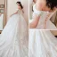 Chic / Belle Champagne Robe De Mariée 2018 Robe Boule De l'épaule Manches Courtes Dos Nu Appliques En Dentelle Perle Paillettes Chapel Train Volants
