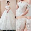 Chic / Belle Champagne Robe De Mariée 2018 Robe Boule De l'épaule Manches Courtes Dos Nu Appliques En Dentelle Perle Paillettes Chapel Train Volants