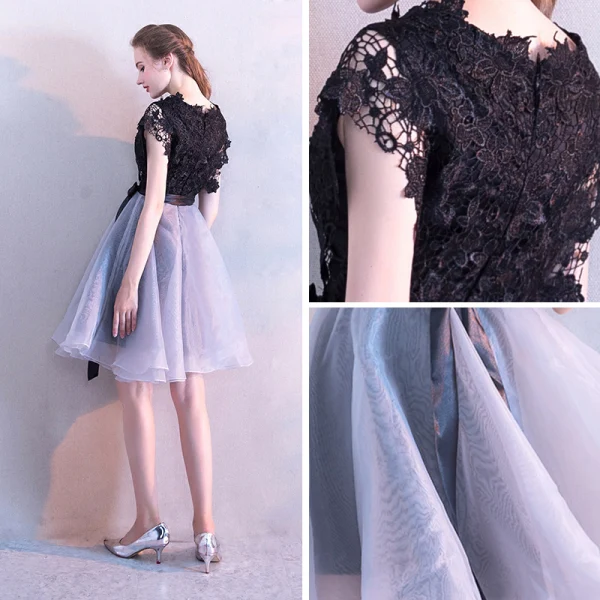 Modern / Fashion Black Homecoming Graduation Dresses 2017 A-Line / Princess Scoop Neck Short Sleeve Sash Short Ruffle Formal Dresses