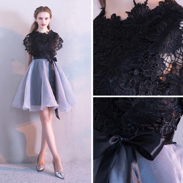Modern / Fashion Black Homecoming Graduation Dresses 2017 A-Line / Princess Scoop Neck Short Sleeve Sash Short Ruffle Formal Dresses