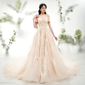 Chic Beautiful Champagne Wedding Dresses 2018 A Line Princess Off The Shoulder Short Sleeve Backless Appliques Lace Pearl Beading Royal Train Ruffle