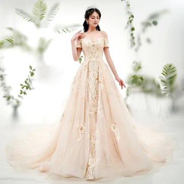 Chic Beautiful Champagne Wedding Dresses 2018 A Line Princess Off The Shoulder Short Sleeve Backless Appliques Lace Pearl Beading Royal Train Ruffle