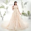 Chic / Beautiful Champagne Wedding Dresses 2018 A-Line / Princess Off-The-Shoulder Short Sleeve Backless Appliques Lace Pearl Beading Royal Train Ruffle