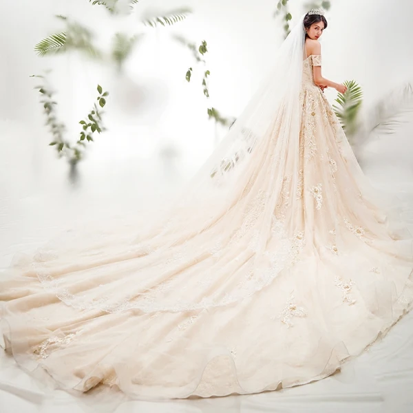 Chic / Beautiful Champagne Wedding Dresses 2018 A-Line / Princess Off-The-Shoulder Short Sleeve Backless Appliques Lace Pearl Beading Royal Train Ruffle