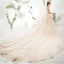 Chic / Beautiful Champagne Wedding Dresses 2018 A-Line / Princess Off-The-Shoulder Short Sleeve Backless Appliques Lace Pearl Beading Royal Train Ruffle