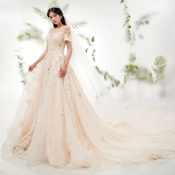Chic / Beautiful Champagne Wedding Dresses 2018 A-Line / Princess Off-The-Shoulder Short Sleeve Backless Appliques Lace Pearl Beading Royal Train Ruffle