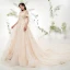 Chic / Beautiful Champagne Wedding Dresses 2018 A-Line / Princess Off-The-Shoulder Short Sleeve Backless Appliques Lace Pearl Beading Royal Train Ruffle