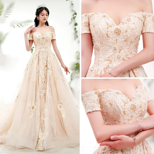 Chic / Beautiful Champagne Wedding Dresses 2018 A-Line / Princess Off-The-Shoulder Short Sleeve Backless Appliques Lace Pearl Beading Royal Train Ruffle