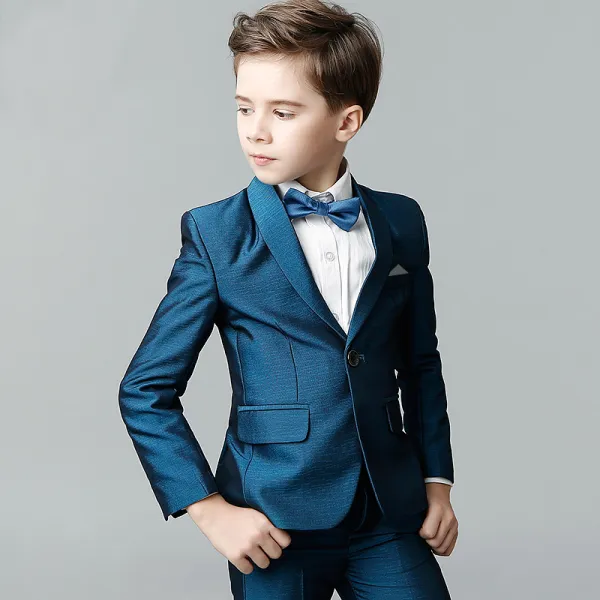 Modest / Simple Ocean Blue Tie Ink Blue Long Sleeve Boys Wedding Suits 2018