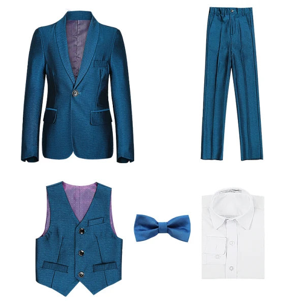 Modest / Simple Ocean Blue Tie Ink Blue Long Sleeve Boys Wedding Suits 2018