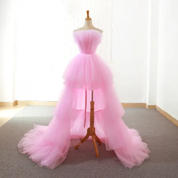 Amazing Unique High Low Candy Pink Evening Dresses 2018 A-Line Princess Spaghetti