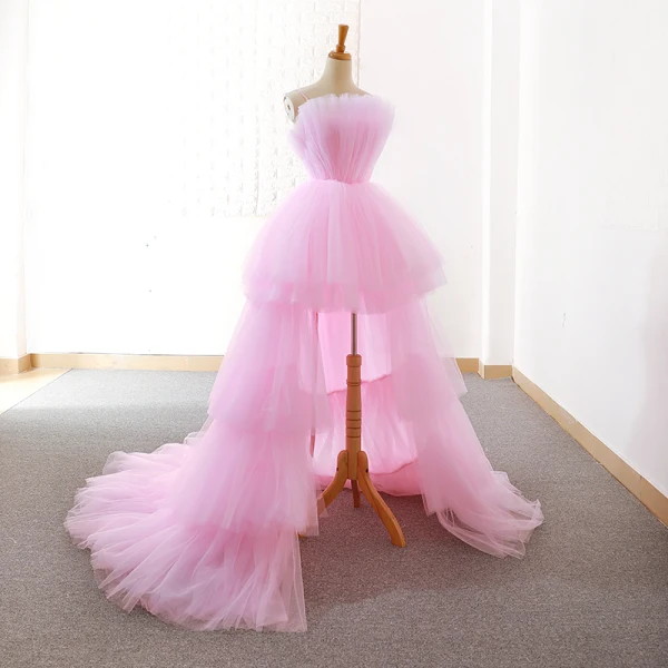 Unique Haute Basse Rose Bonbon Robe De Soirée 2018 Princesse Bretelles Spaghetti Sans Manches Asymétrique Volants Dos Nu Robe De Ceremonie