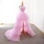 Unique Haute Basse Rose Bonbon Robe De Soirée 2018 Princesse Bretelles Spaghetti Sans Manches Asymétrique Volants Dos Nu Robe De Ceremonie