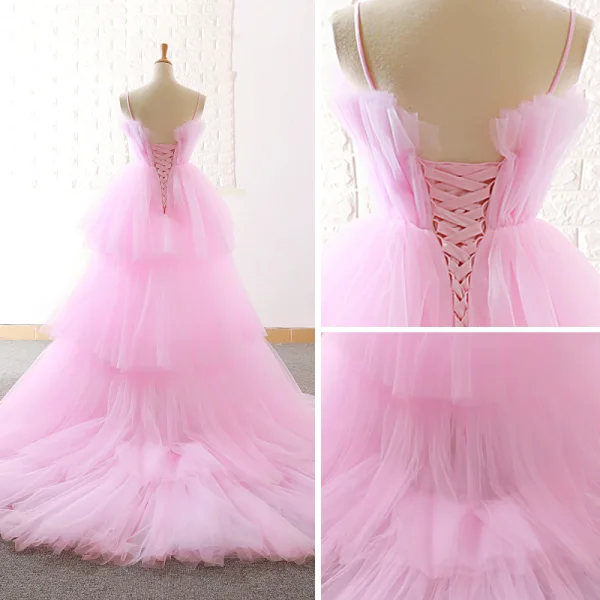 Unique Haute Basse Rose Bonbon Robe De Soirée 2018 Princesse Bretelles Spaghetti Sans Manches Asymétrique Volants Dos Nu Robe De Ceremonie