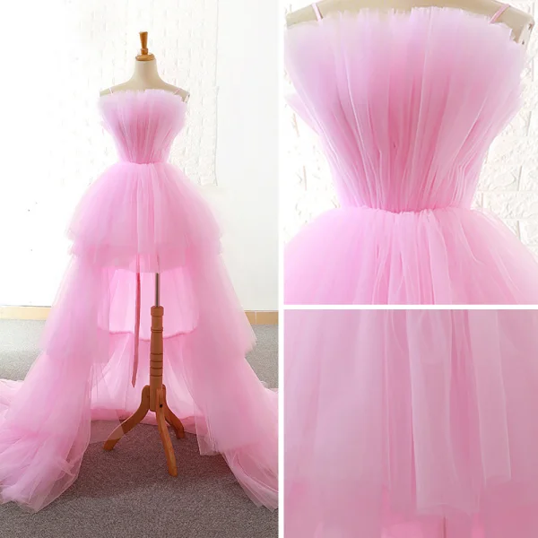 Unique Haute Basse Rose Bonbon Robe De Soirée 2018 Princesse Bretelles Spaghetti Sans Manches Asymétrique Volants Dos Nu Robe De Ceremonie