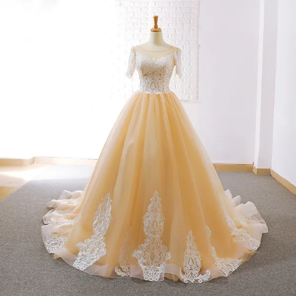 Elegant Champagne Prom Dresses 2018 A-Line / Princess See-through Scoop Neck Short Sleeve Appliques Lace Court Train Ruffle Backless Formal Dresses