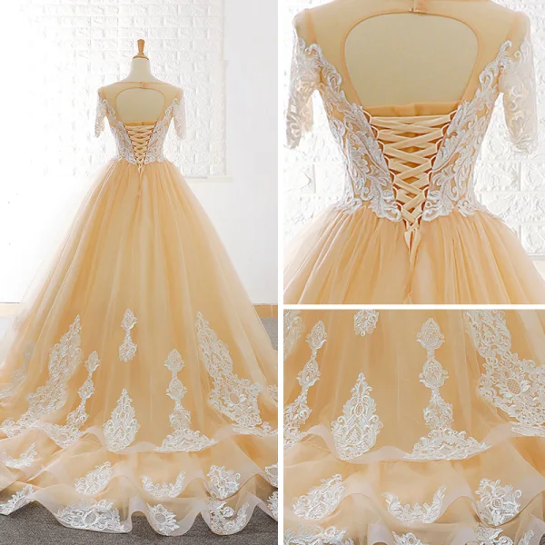 Élégant Champagne Robe De Bal 2018 Princesse Transparentes Encolure Dégagée Manches Courtes Appliques En Dentelle Tribunal Train Volants Dos Nu Robe De Ceremonie
