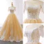 Élégant Champagne Robe De Bal 2018 Princesse Transparentes Encolure Dégagée Manches Courtes Appliques En Dentelle Tribunal Train Volants Dos Nu Robe De Ceremonie