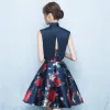 Chinese style 2 Piece Navy Blue Party Dresses 2017 A-Line / Princess High Neck Sleeveless Short Ruffle Printing Formal Dresses