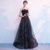 Bling Bling Black Evening Dresses  2018 A-Line / Princess Strapless Sleeveless Glitter Sequins Rhinestone Sweep Train Ruffle Backless Formal Dresses
