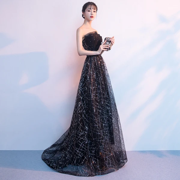 Bling Bling Schwarz Abendkleider 2018 A Linie Bandeau Ärmellos Glanz Pailletten Strass Sweep / Pinsel Zug Rüschen Rückenfreies Festliche Kleider