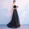 Bling Bling Black Evening Dresses  2018 A-Line / Princess Strapless Sleeveless Glitter Sequins Rhinestone Sweep Train Ruffle Backless Formal Dresses