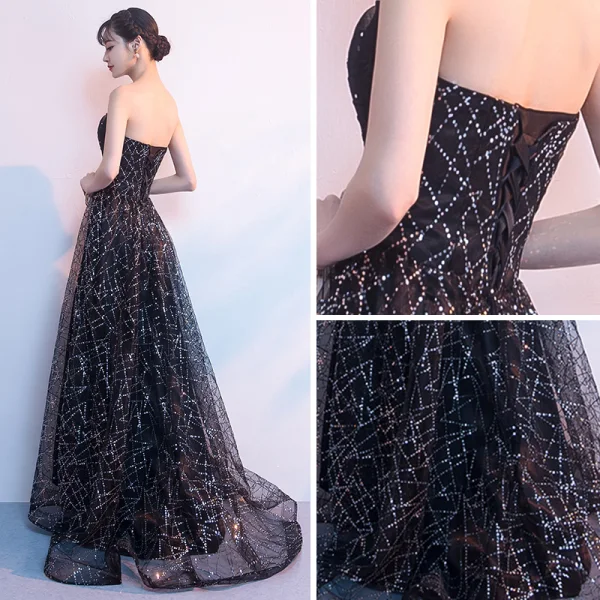 Bling Bling Schwarz Abendkleider 2018 A Linie Bandeau Ärmellos Glanz Pailletten Strass Sweep / Pinsel Zug Rüschen Rückenfreies Festliche Kleider