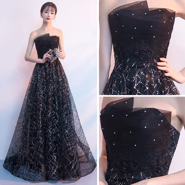 Bling Bling Schwarz Abendkleider 2018 A Linie Bandeau Ärmellos Glanz Pailletten Strass Sweep / Pinsel Zug Rüschen Rückenfreies Festliche Kleider