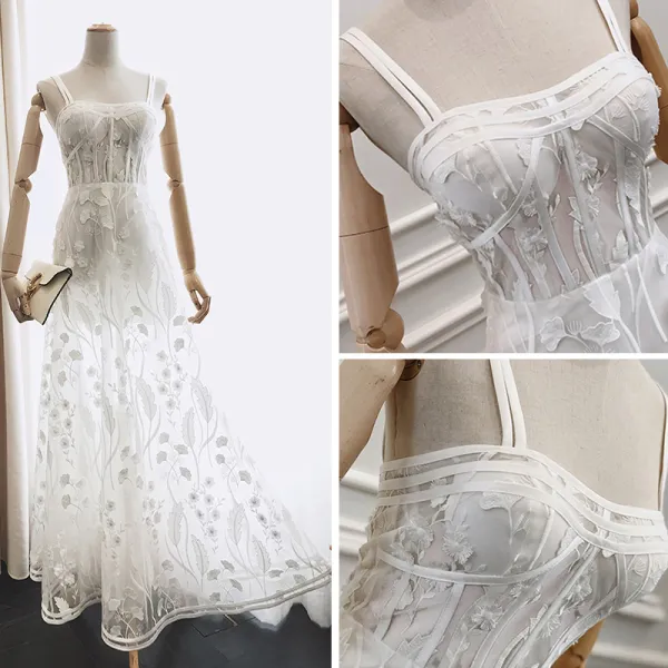 Chic / Beautiful Summer White Evening Dresses  2018 A-Line / Princess Spaghetti Straps Sleeveless Appliques Lace Ankle Length Ruffle Backless Formal Dresses