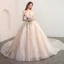 Luxury / Gorgeous Champagne Wedding Dresses 2018 Ball Gown Off-The-Shoulder Short Sleeve Backless Appliques Lace Glitter Tulle Pearl Rhinestone Cathedral Train Ruffle