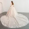 Luxury / Gorgeous Champagne Wedding Dresses 2018 Ball Gown Off-The-Shoulder Short Sleeve Backless Appliques Lace Glitter Tulle Pearl Rhinestone Cathedral Train Ruffle