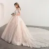 Luxury / Gorgeous Champagne Wedding Dresses 2018 Ball Gown Off-The-Shoulder Short Sleeve Backless Appliques Lace Glitter Tulle Pearl Rhinestone Cathedral Train Ruffle